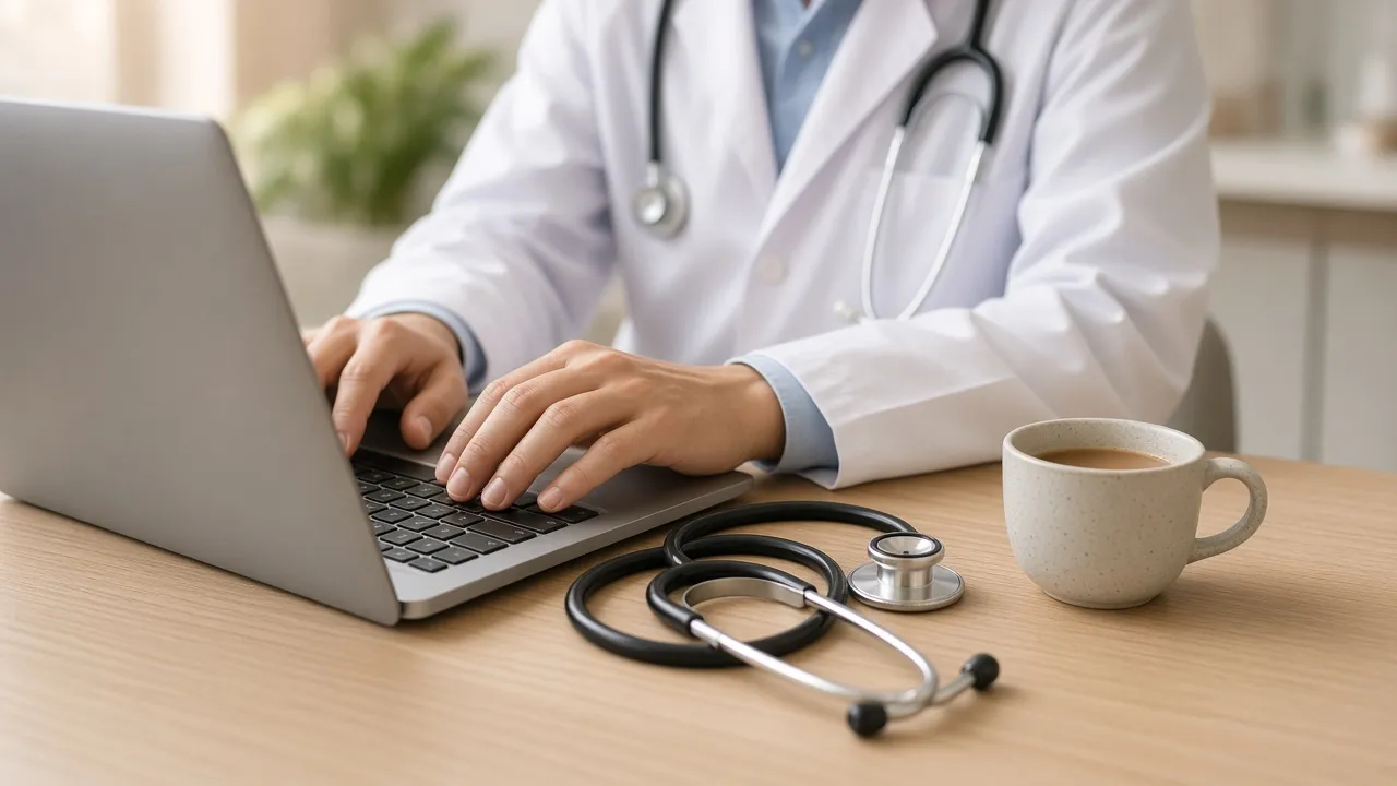 Médico de jaleco, com o rosto fora do enquadramento, digita em um notebook ao lado de um estetoscópio e uma xícara de café