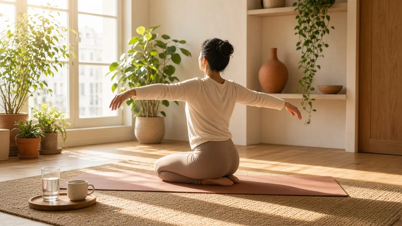 Mulher de costas faz alongamento em um tapete de yoga em sala clara com plantas e luz da manhã
