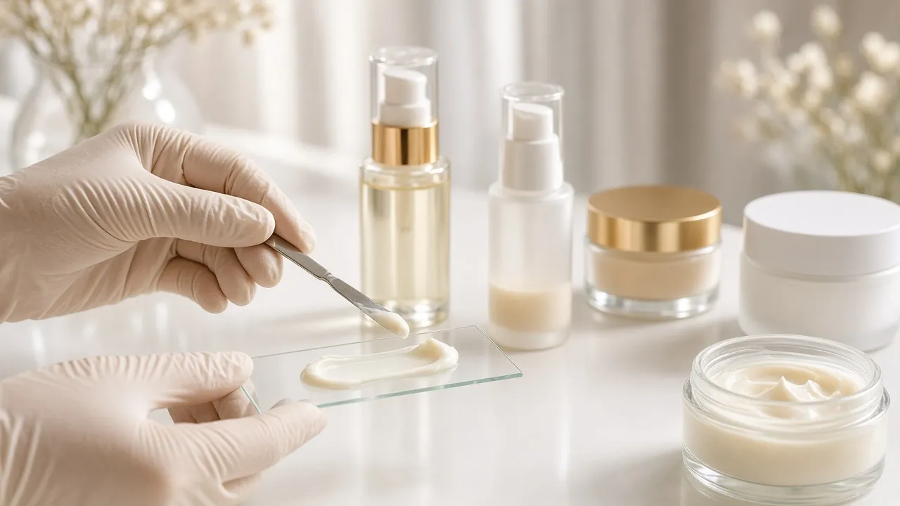 Mãos de luvas aplicam amostra de creme em uma lâmina de vidro, ao lado de frascos e potes de cosmético sem marca