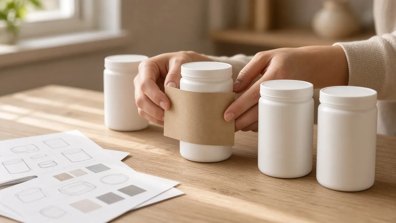 Mãos aplicam um rótulo de papel kraft em um pote branco de suplemento sem marca, ao lado de outros potes iguais e esboços de rótulo